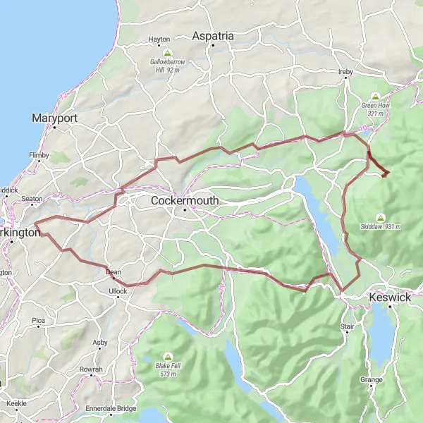 Map miniature of "Greysouthen to Gatebarrow Gravel Adventure" cycling inspiration in Cumbria, United Kingdom. Generated by Tarmacs.app cycling route planner