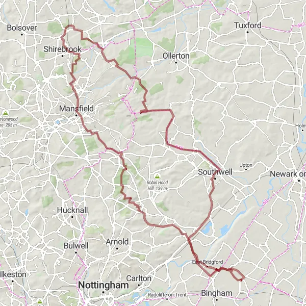 Map miniature of "Gravel Adventure Through Woodland Trails" cycling inspiration in Derbyshire and Nottinghamshire, United Kingdom. Generated by Tarmacs.app cycling route planner