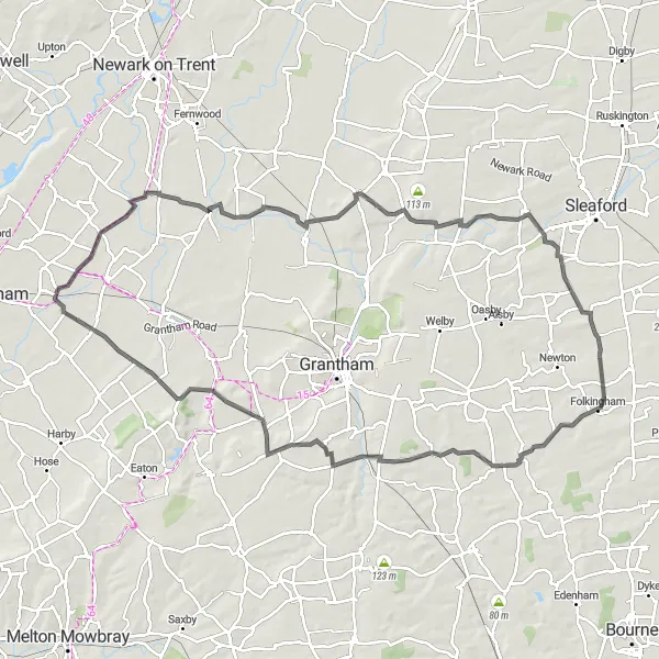 Map miniature of "Derbyshire & Nottinghamshire Loop" cycling inspiration in Derbyshire and Nottinghamshire, United Kingdom. Generated by Tarmacs.app cycling route planner