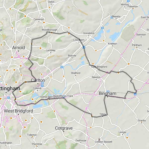 Map miniature of "Scenic Ride Through Nottinghamshire" cycling inspiration in Derbyshire and Nottinghamshire, United Kingdom. Generated by Tarmacs.app cycling route planner