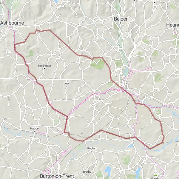 Map miniature of "The Derbyshire Delight" cycling inspiration in Derbyshire and Nottinghamshire, United Kingdom. Generated by Tarmacs.app cycling route planner