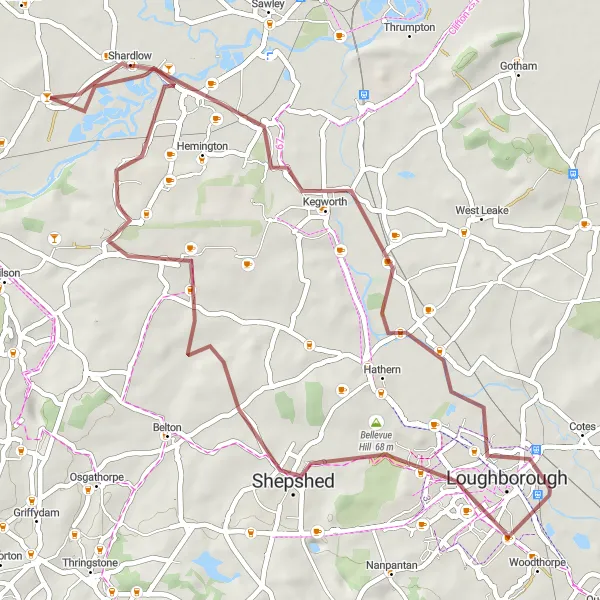 Map miniature of "Mayfield Gravel Ride" cycling inspiration in Derbyshire and Nottinghamshire, United Kingdom. Generated by Tarmacs.app cycling route planner