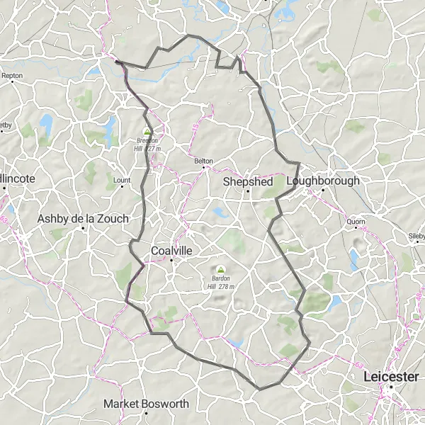 Map miniature of "Aston-on-Trent to Aston-on-Trent Epic Road Ride" cycling inspiration in Derbyshire and Nottinghamshire, United Kingdom. Generated by Tarmacs.app cycling route planner