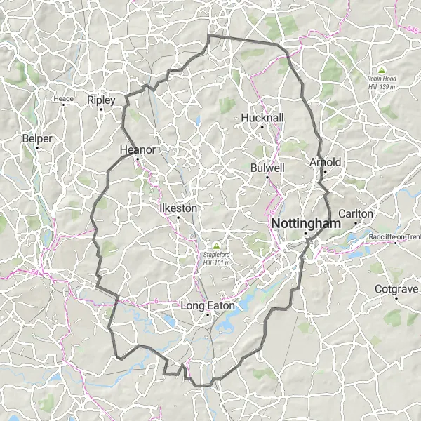 Map miniature of "The Nottinghamshire Road Challenge" cycling inspiration in Derbyshire and Nottinghamshire, United Kingdom. Generated by Tarmacs.app cycling route planner