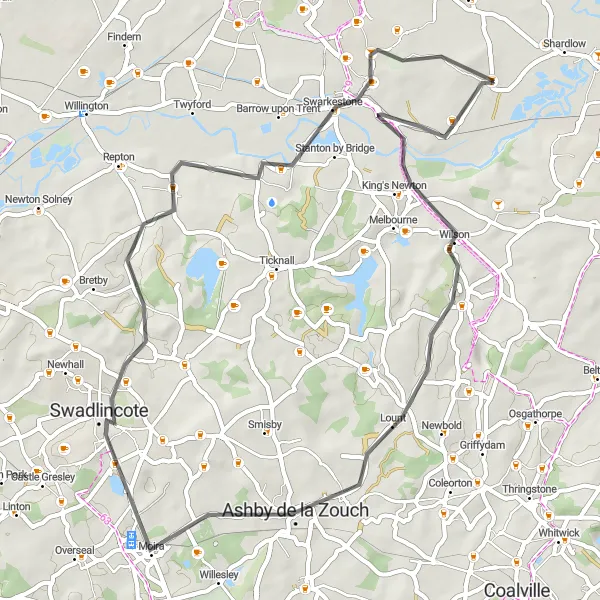 Map miniature of "The Breedon and Swarkestone Road Loop" cycling inspiration in Derbyshire and Nottinghamshire, United Kingdom. Generated by Tarmacs.app cycling route planner