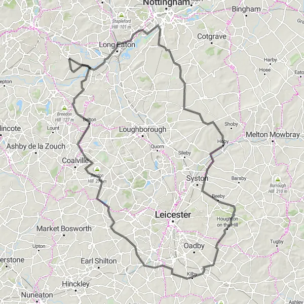 Map miniature of "Leicestershire Loop" cycling inspiration in Derbyshire and Nottinghamshire, United Kingdom. Generated by Tarmacs.app cycling route planner