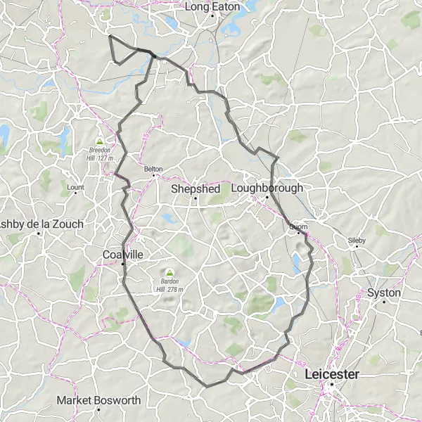Map miniature of "Ashbourne Loop" cycling inspiration in Derbyshire and Nottinghamshire, United Kingdom. Generated by Tarmacs.app cycling route planner