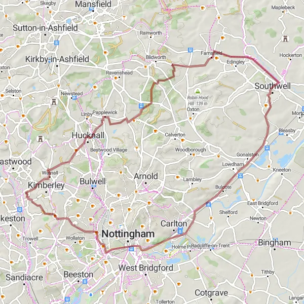 Map miniature of "Off the Beaten Path: Awsworth to Strelley" cycling inspiration in Derbyshire and Nottinghamshire, United Kingdom. Generated by Tarmacs.app cycling route planner