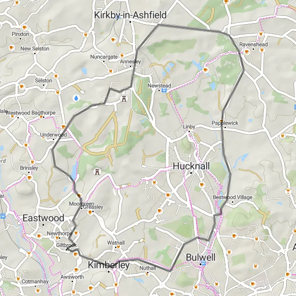 Map miniature of "Awsworth Road Adventure" cycling inspiration in Derbyshire and Nottinghamshire, United Kingdom. Generated by Tarmacs.app cycling route planner