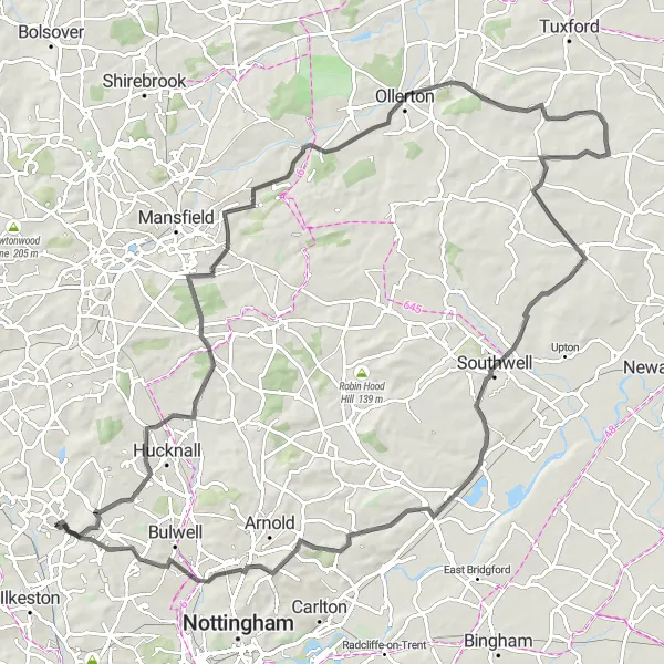 Map miniature of "Charming Villages Loop: Awsworth to Nuthall" cycling inspiration in Derbyshire and Nottinghamshire, United Kingdom. Generated by Tarmacs.app cycling route planner