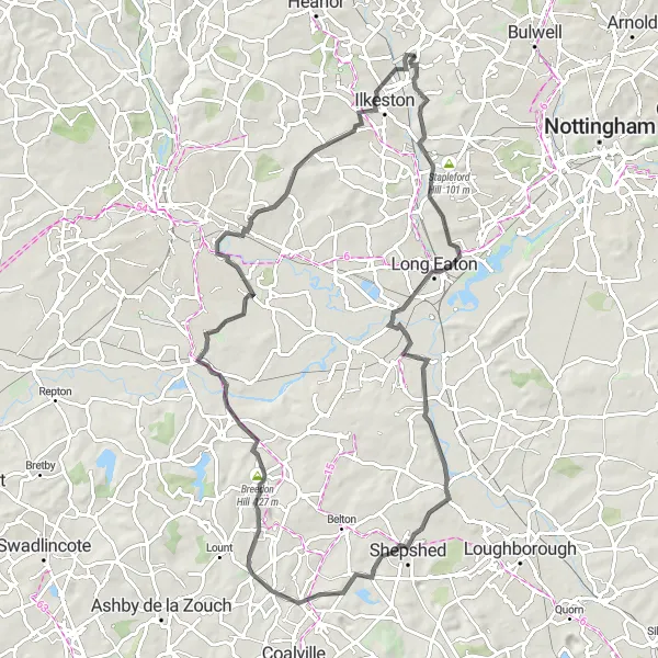 Map miniature of "Challenging Road Ride near Awsworth" cycling inspiration in Derbyshire and Nottinghamshire, United Kingdom. Generated by Tarmacs.app cycling route planner