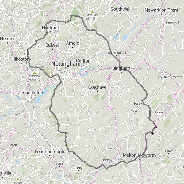 Map miniature of "The Great Victorian Viaduct: Awsworth to Dunkirk" cycling inspiration in Derbyshire and Nottinghamshire, United Kingdom. Generated by Tarmacs.app cycling route planner