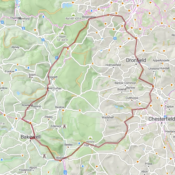 Map miniature of "Scenic Gravel Ride through Derbyshire" cycling inspiration in Derbyshire and Nottinghamshire, United Kingdom. Generated by Tarmacs.app cycling route planner