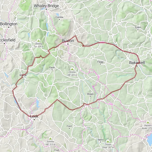 Map miniature of "Challenge of the High Peaks" cycling inspiration in Derbyshire and Nottinghamshire, United Kingdom. Generated by Tarmacs.app cycling route planner