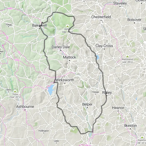 Map miniature of "The Peak District Epic" cycling inspiration in Derbyshire and Nottinghamshire, United Kingdom. Generated by Tarmacs.app cycling route planner