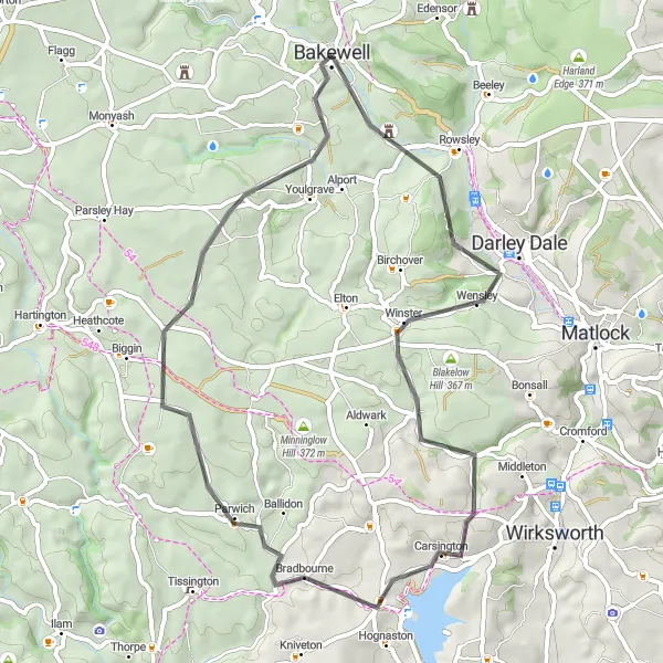 Map miniature of "Bakewell to Youlgrave Loop" cycling inspiration in Derbyshire and Nottinghamshire, United Kingdom. Generated by Tarmacs.app cycling route planner