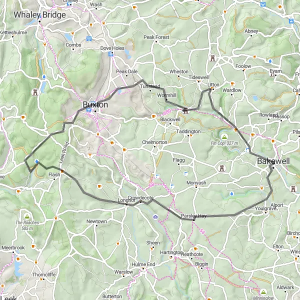 Map miniature of "Peak District Challenge" cycling inspiration in Derbyshire and Nottinghamshire, United Kingdom. Generated by Tarmacs.app cycling route planner