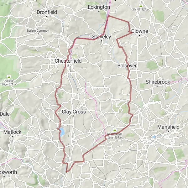 Map miniature of "The Bolsover Adventure" cycling inspiration in Derbyshire and Nottinghamshire, United Kingdom. Generated by Tarmacs.app cycling route planner