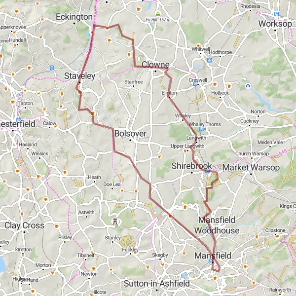 Map miniature of "The Gravel Adventure" cycling inspiration in Derbyshire and Nottinghamshire, United Kingdom. Generated by Tarmacs.app cycling route planner