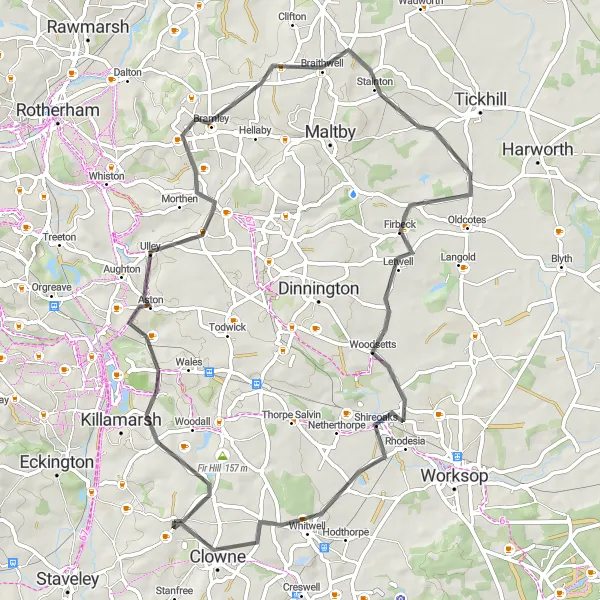 Map miniature of "Picturesque Village Road Loop" cycling inspiration in Derbyshire and Nottinghamshire, United Kingdom. Generated by Tarmacs.app cycling route planner