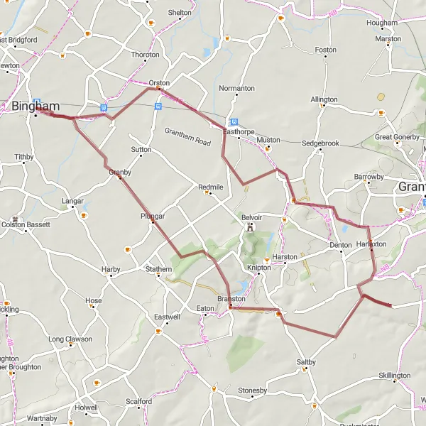 Map miniature of "Gravel Adventures from Bingham" cycling inspiration in Derbyshire and Nottinghamshire, United Kingdom. Generated by Tarmacs.app cycling route planner