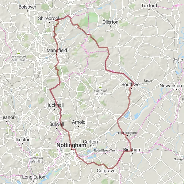 Map miniature of "The Gravel Circuit" cycling inspiration in Derbyshire and Nottinghamshire, United Kingdom. Generated by Tarmacs.app cycling route planner