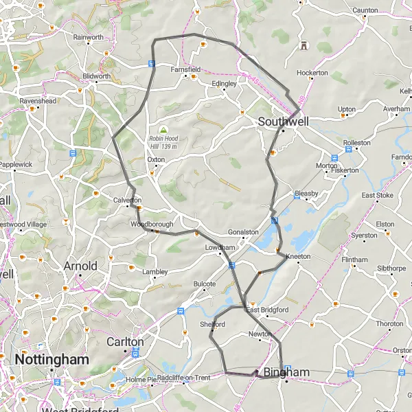 Map miniature of "Rural Nottinghamshire" cycling inspiration in Derbyshire and Nottinghamshire, United Kingdom. Generated by Tarmacs.app cycling route planner