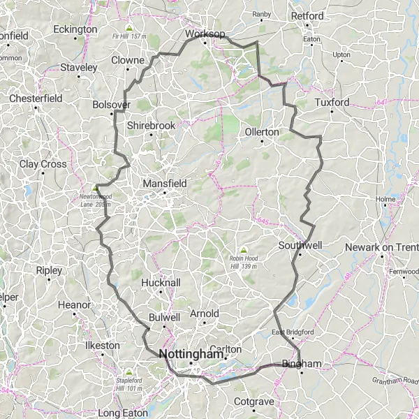 Map miniature of "The Nottinghamshire Epic" cycling inspiration in Derbyshire and Nottinghamshire, United Kingdom. Generated by Tarmacs.app cycling route planner