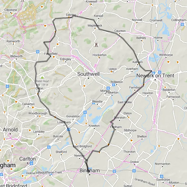 Map miniature of "Exploring Rural Nottinghamshire" cycling inspiration in Derbyshire and Nottinghamshire, United Kingdom. Generated by Tarmacs.app cycling route planner