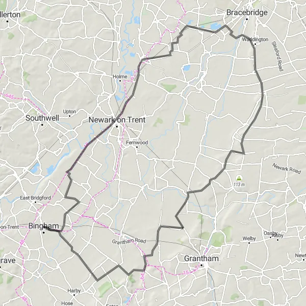 Map miniature of "Bingham and Beyond Road Cycling Loop" cycling inspiration in Derbyshire and Nottinghamshire, United Kingdom. Generated by Tarmacs.app cycling route planner