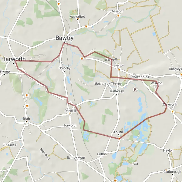 Map miniature of "The Wiseton Loop" cycling inspiration in Derbyshire and Nottinghamshire, United Kingdom. Generated by Tarmacs.app cycling route planner