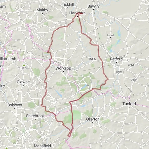 Map miniature of "The Sherwood Gravel Discovery" cycling inspiration in Derbyshire and Nottinghamshire, United Kingdom. Generated by Tarmacs.app cycling route planner