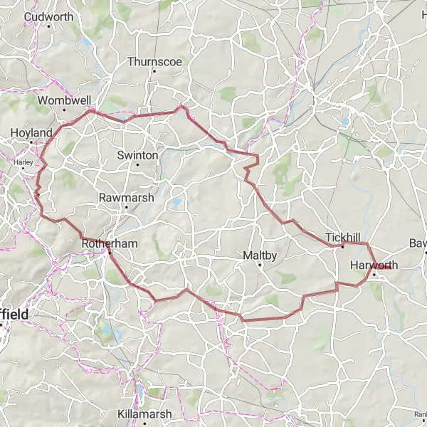 Map miniature of "Bircotes to Tickhill Castle Gravel Adventure" cycling inspiration in Derbyshire and Nottinghamshire, United Kingdom. Generated by Tarmacs.app cycling route planner