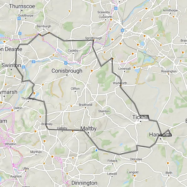 Map miniature of "Bircotes to Barnburgh Loop" cycling inspiration in Derbyshire and Nottinghamshire, United Kingdom. Generated by Tarmacs.app cycling route planner