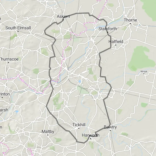 Map miniature of "Bircotes to Bawtry Loop" cycling inspiration in Derbyshire and Nottinghamshire, United Kingdom. Generated by Tarmacs.app cycling route planner