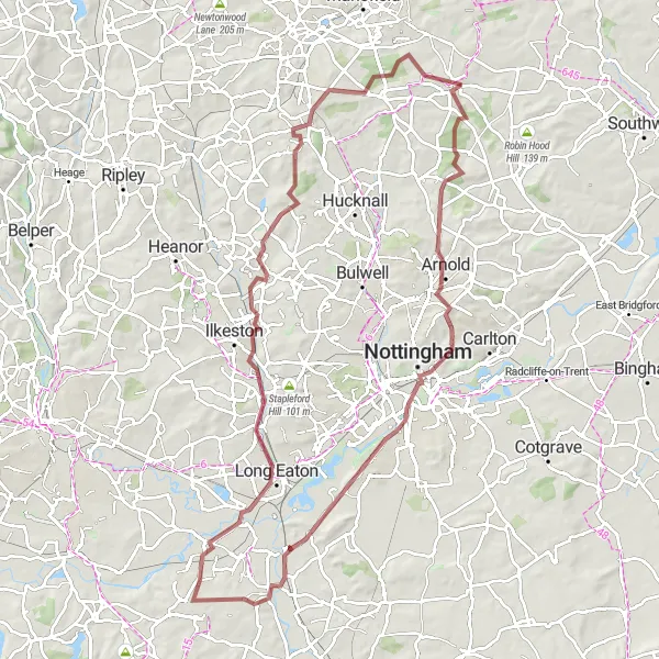 Map miniature of "Nottingham and Bennerley Viaduct Adventure" cycling inspiration in Derbyshire and Nottinghamshire, United Kingdom. Generated by Tarmacs.app cycling route planner