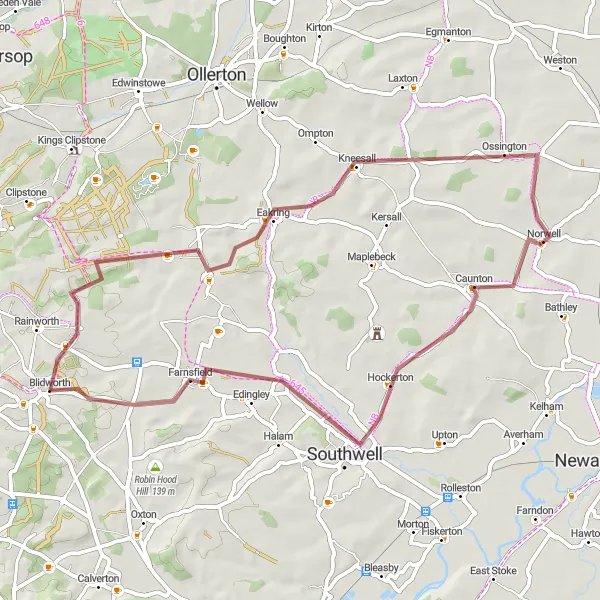 Map miniature of "Blidworth to Southwell Gravel Adventure" cycling inspiration in Derbyshire and Nottinghamshire, United Kingdom. Generated by Tarmacs.app cycling route planner
