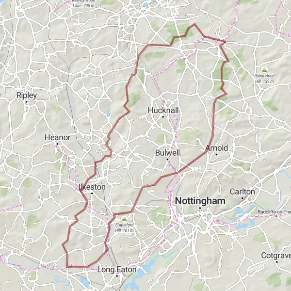 Map miniature of "Gravel Adventure through Nottinghamshire" cycling inspiration in Derbyshire and Nottinghamshire, United Kingdom. Generated by Tarmacs.app cycling route planner