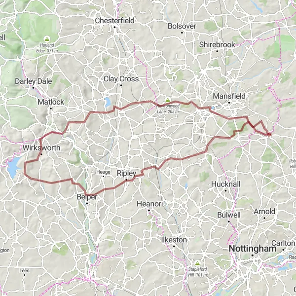 Map miniature of "Challenging Gravel Adventure across Nottinghamshire" cycling inspiration in Derbyshire and Nottinghamshire, United Kingdom. Generated by Tarmacs.app cycling route planner