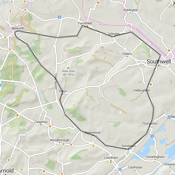 Map miniature of "Southwell and Thurgarton Delight" cycling inspiration in Derbyshire and Nottinghamshire, United Kingdom. Generated by Tarmacs.app cycling route planner