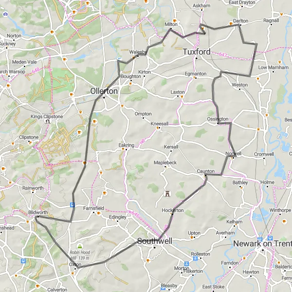 Map miniature of "Blidworth to Oxton Loop" cycling inspiration in Derbyshire and Nottinghamshire, United Kingdom. Generated by Tarmacs.app cycling route planner