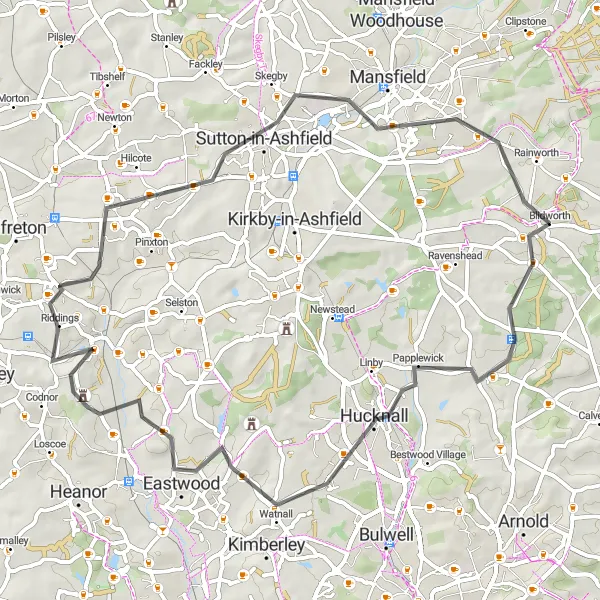 Map miniature of "Blidworth and Codnor Castle Loop" cycling inspiration in Derbyshire and Nottinghamshire, United Kingdom. Generated by Tarmacs.app cycling route planner