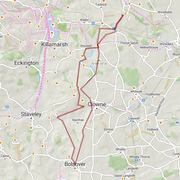 Map miniature of "Barlborough and Harthill Gravel Loop" cycling inspiration in Derbyshire and Nottinghamshire, United Kingdom. Generated by Tarmacs.app cycling route planner