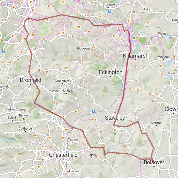 Map miniature of "Bolsover and Beyond Gravel Adventure" cycling inspiration in Derbyshire and Nottinghamshire, United Kingdom. Generated by Tarmacs.app cycling route planner