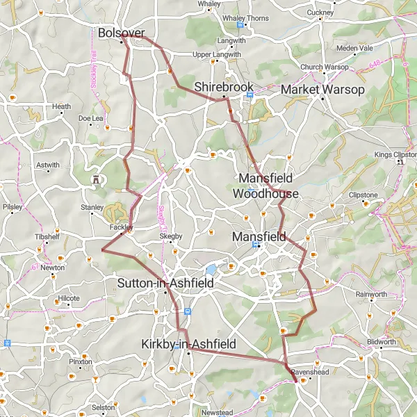 Map miniature of "Exploring Bolsover Castle and More" cycling inspiration in Derbyshire and Nottinghamshire, United Kingdom. Generated by Tarmacs.app cycling route planner