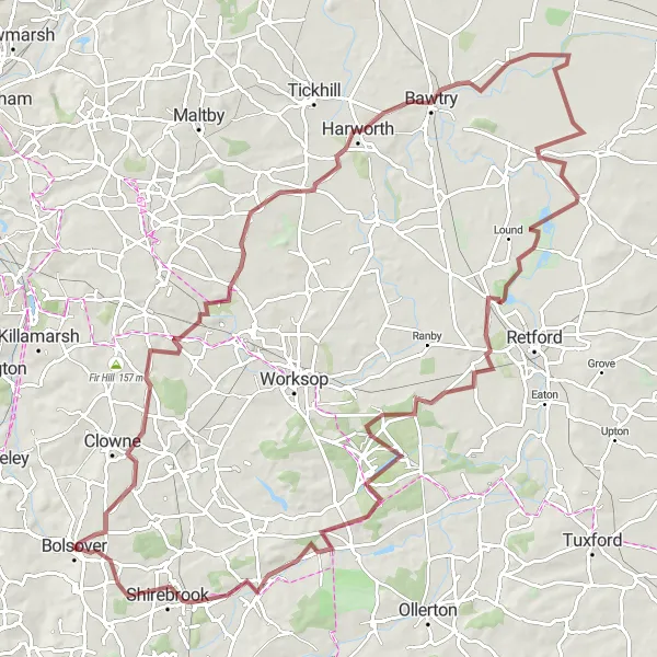 Map miniature of "The Ultimate Bolsover Epic Gravel Route" cycling inspiration in Derbyshire and Nottinghamshire, United Kingdom. Generated by Tarmacs.app cycling route planner