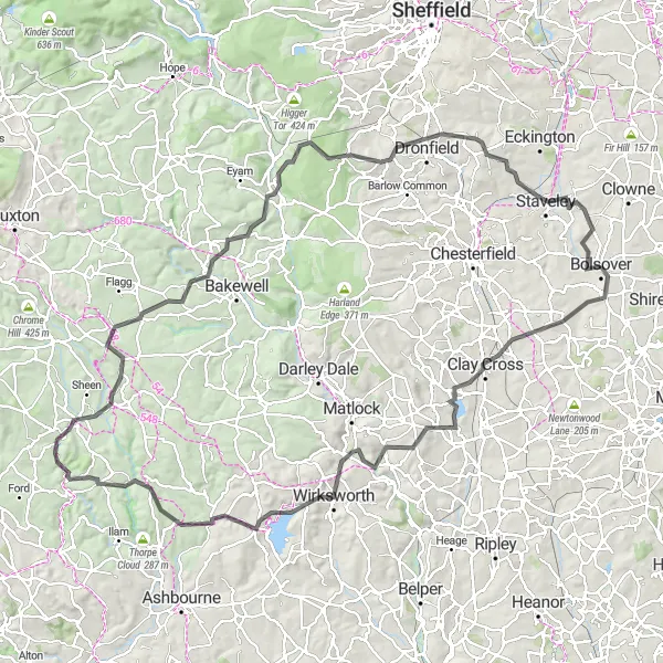 Map miniature of "Climbing Peaks and Embracing Nature" cycling inspiration in Derbyshire and Nottinghamshire, United Kingdom. Generated by Tarmacs.app cycling route planner