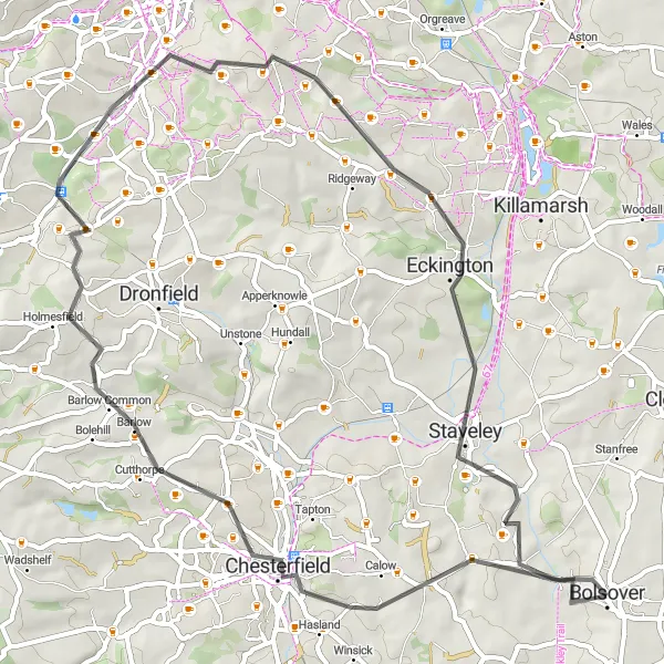 Map miniature of "Castle Explorer Road Loop" cycling inspiration in Derbyshire and Nottinghamshire, United Kingdom. Generated by Tarmacs.app cycling route planner