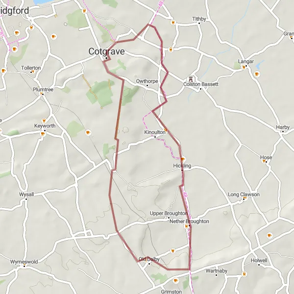 Map miniature of "Cotgrave Loop via Windmill Hill" cycling inspiration in Derbyshire and Nottinghamshire, United Kingdom. Generated by Tarmacs.app cycling route planner