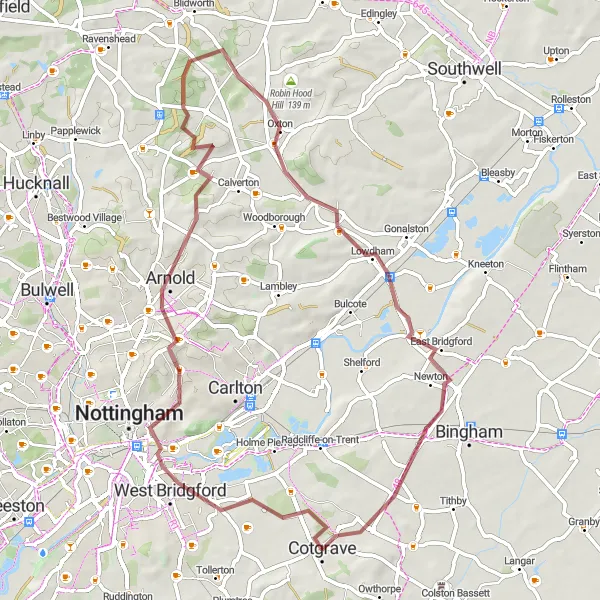 Map miniature of "Cotgrave and Surrounding Villages" cycling inspiration in Derbyshire and Nottinghamshire, United Kingdom. Generated by Tarmacs.app cycling route planner